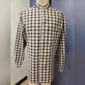 Men's Blue and Cream Plaid M Casual Button Down Collarless Shirt